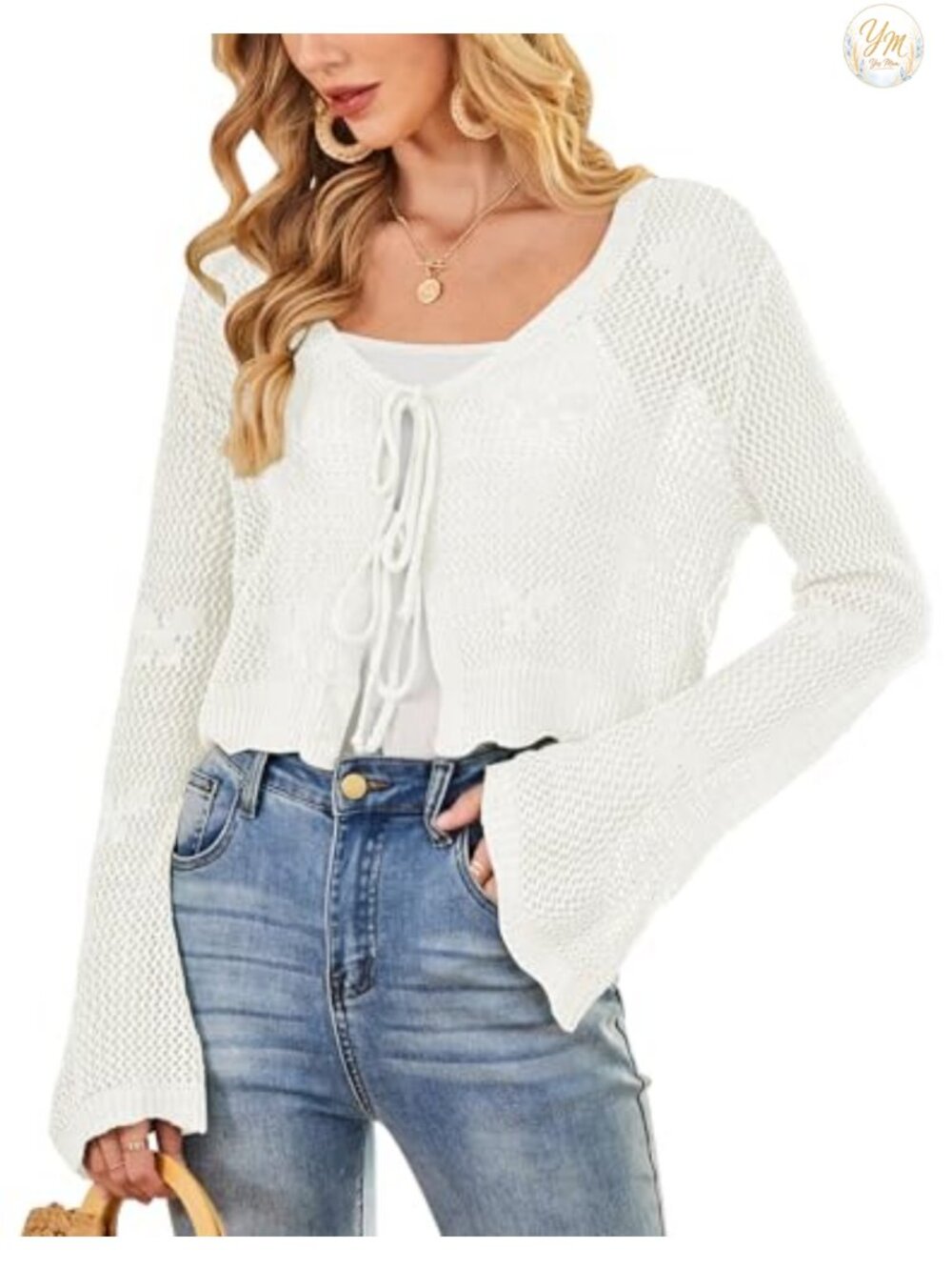 Crochet Cardigan Tie Front Bell Sleeve Open Knit Sweater